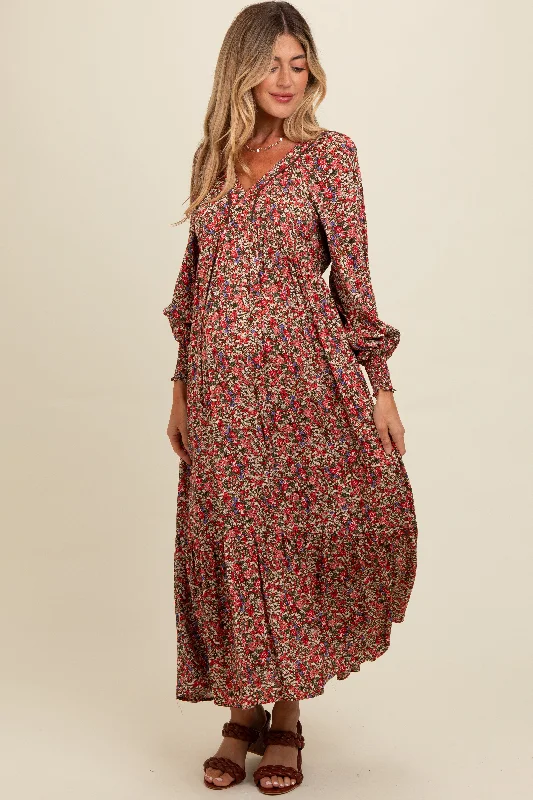 Mocha Floral V-Neck Bubble Sleeve Maternity Maxi Dress Comfortable Satin Maxi Dress