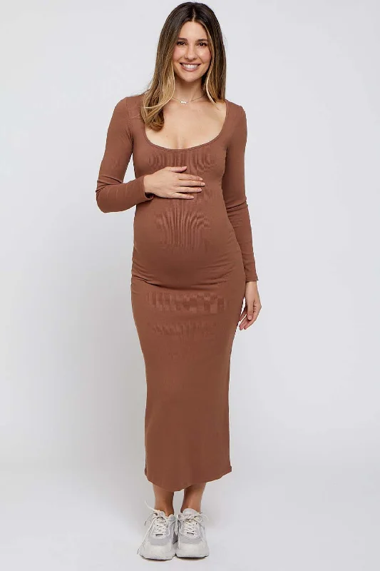 Mocha Ribbed Scoop Neck Maternity Midi Dress Comfortable Deep V Midi Dress