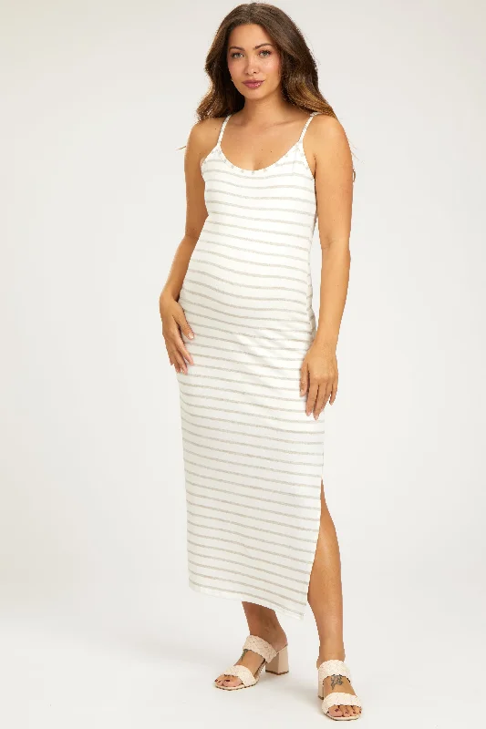 Mocha Striped Knit Side Slit Sleeveless Maternity Midi Dress Trendy Fit-and-Flare Midi Dress