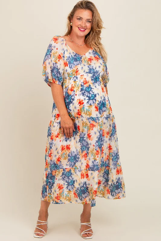 Navy Blue Floral V-Neck Short Puff Sleeve Tiered Maternity Plus Midi Dress Stylish High-Waisted Midi Dress