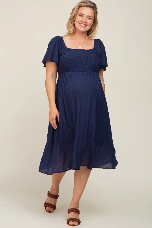 Navy Blue Smocked Square Neck Flutter Short Sleeve Maternity Plus Midi Dress Fashionable Wide Leg Midi Dress