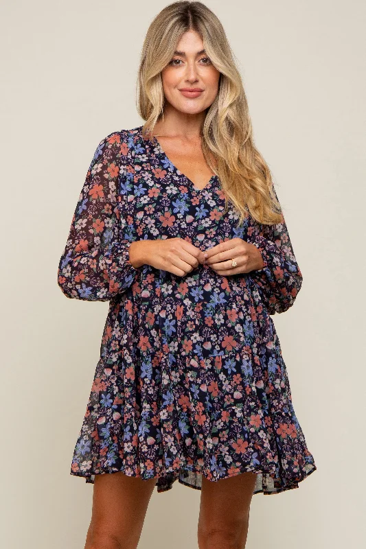 Navy Floral Chiffon Maternity Mini Dress Stylish Ribbed Mini Dress