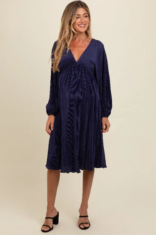 Navy Pleated Deep V-Neck Maternity Midi Dress Cozy Spaghetti Strap Midi Dress