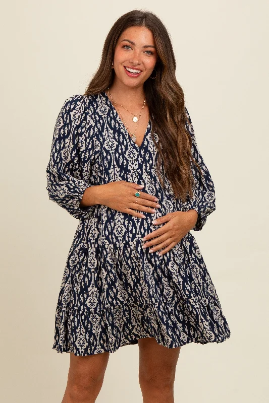 Navy Printed Maternity Mini Dress Stylish Puff Sleeve Mini Dress