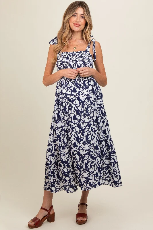 Navy Printed Smocked Shoulder Tie Maternity Midi Dress Stylish Midi Dress with Cuffs