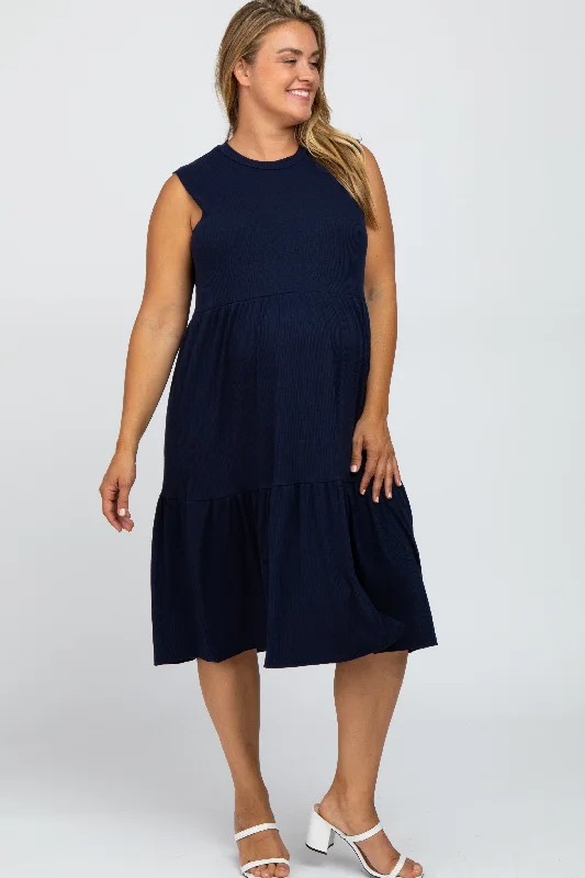 Navy Ribbed Sleeveless Plus Maternity Midi Dress Stylish Off-Shoulder Ruffle Dress