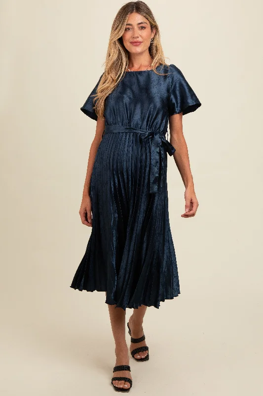 Navy Satin Pleated Sash Tie Maternity Midi Dress Elegant Pleated Detail Midi Dress