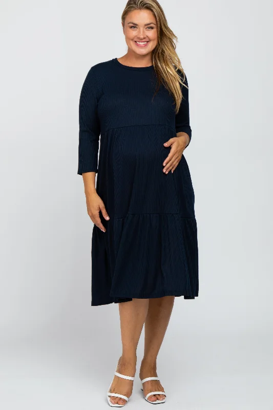 Navy Tiered Ribbed 3/4 Sleeve Plus Maternity Midi Dress Comfortable Lace-Up Midi Dress