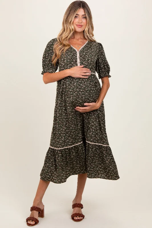 Olive Floral Puff Sleeve Ruffle Hem Maternity Midi Dress Stylish Halter Neck Midi Dress