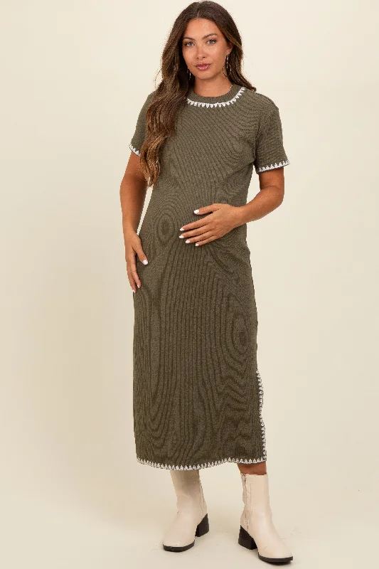 Olive Green Ribbed Embroidered Trim Short Sleeve Maternity Midi Dress Trendy Off-Shoulder Button Midi Dress