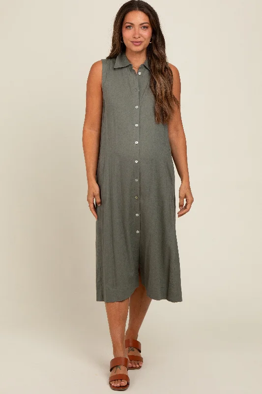 Olive Linen Button Down Maternity Midi Dress Trendy Off-Shoulder Ruffle Midi Dress