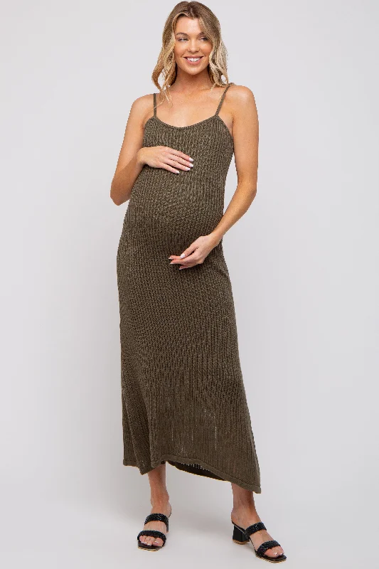 Olive Open Knit Crochet Maternity Midi Dress Elegant Pleated Detail Midi Dress