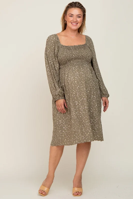 Olive Printed Long Sleeve Plus Maternity Midi Dress Chic Lace Detail Midi Dress