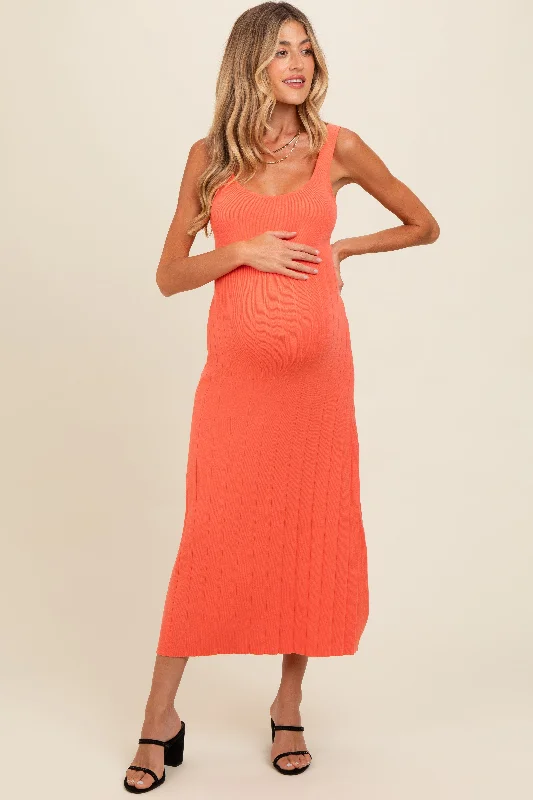 Orange Knit Ribbed Fitted Maternity Midi Dress Cozy Midi Dress with Pockets