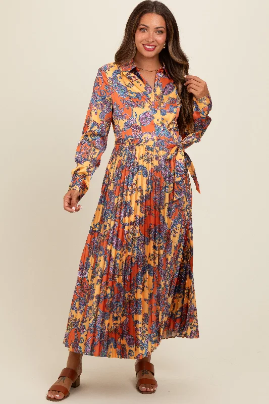 Orange Paisley Print Pleated Button Down Maternity Midi Dress Trendy Bodycon Midi Dress