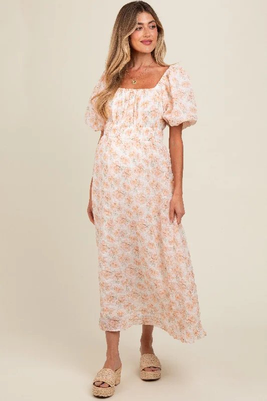 Peach Floral Puff Sleeve Maternity Midi Dress Fashionable Wide Leg Midi Dress