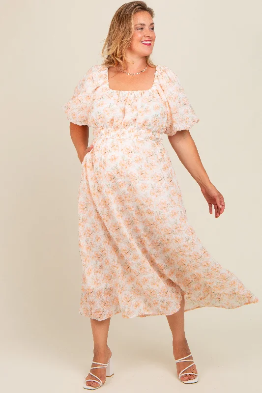 Peach Floral Puff Sleeve Maternity Plus Midi Dress Comfortable Draped Midi Dress