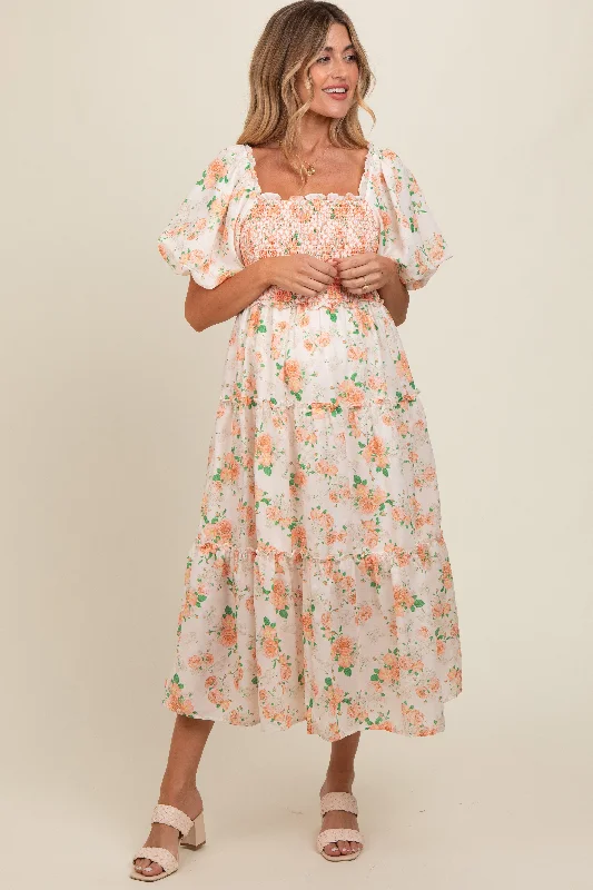 Peach Floral Smocked Puff Sleeve Maternity Midi Dress Stylish Silk Midi Dress