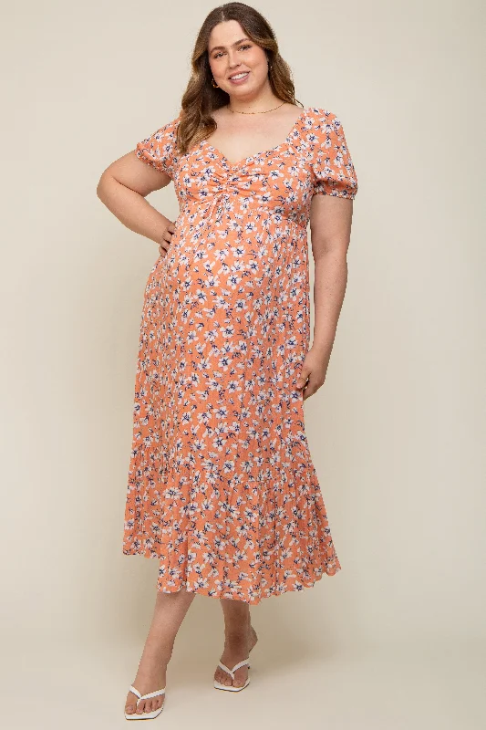 Peach Floral Sweetheart Drawstring Neck Short Sleeve Maternity Plus Midi Dress Elegant Floral Appliqué Midi Dress