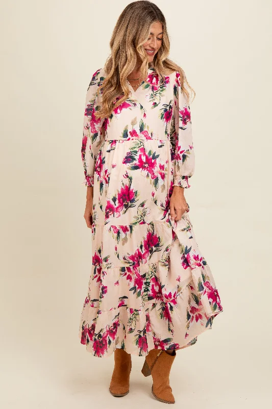 Peach Floral V-Neck Tiered Maternity Midi Dress Trendy Mock Neck Midi Dress