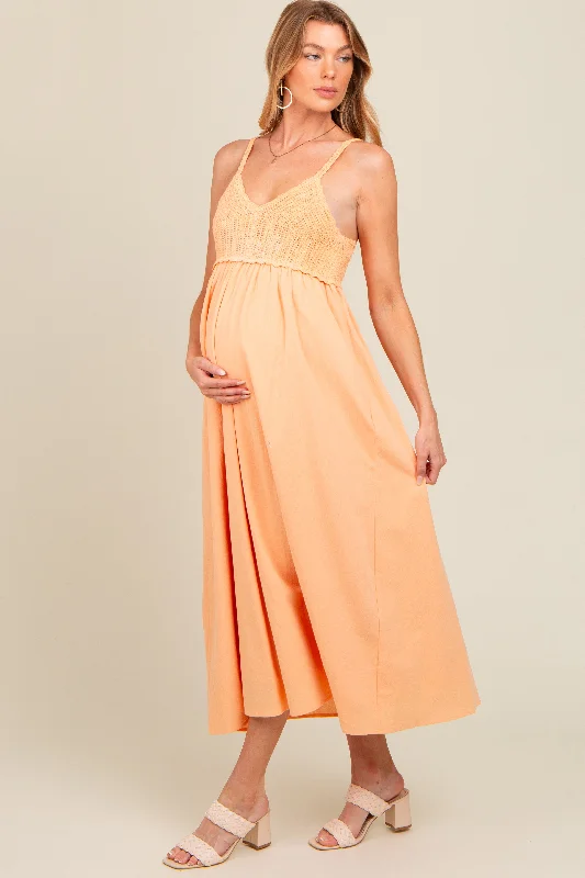 Peach V-Neck Crochet Top Maternity Midi Dress Comfortable Knitwear Midi Dress