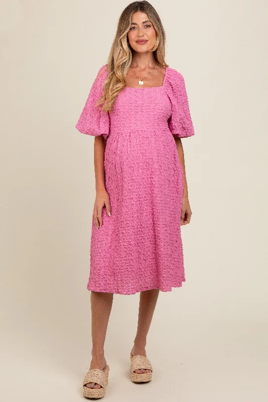 Pink Floral Jacquard Maternity Midi Dress Elegant Floral Midi Dress