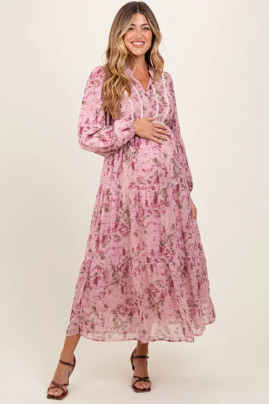 Pink Floral Lace Trim Maternity Maxi Dress Trendy Maxi Dress with Straps