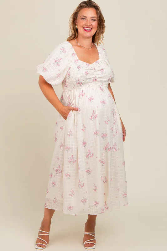 Pink Floral Textured Dot Smocked Sweetheart Neck Maternity Plus Midi Dress Trendy Off-Shoulder Button Midi Dress