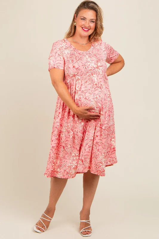 Pink Floral Tiered Plus Maternity Midi Dress Fashionable Plaid Midi Dress