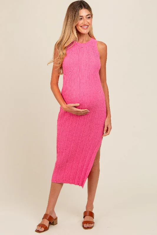 Pink Ribbed Side Slit Sleeveless Maternity Midi Dress Trendy Tiered Hem Midi Dress