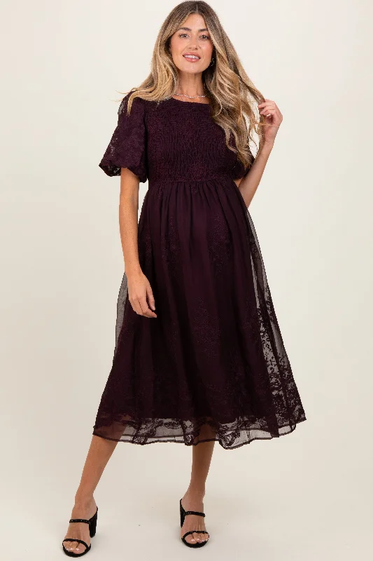 Plum Floral Lace Smocked Maternity Midi Dress Stylish Satin Midi Dress