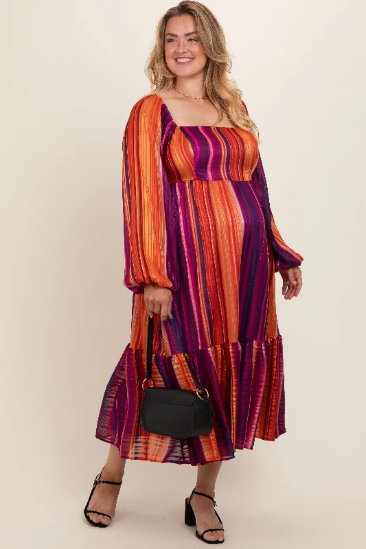 Plum Striped Metallic Yarn Maternity Plus Midi Dress Trendy Smocked Detail Midi Dress