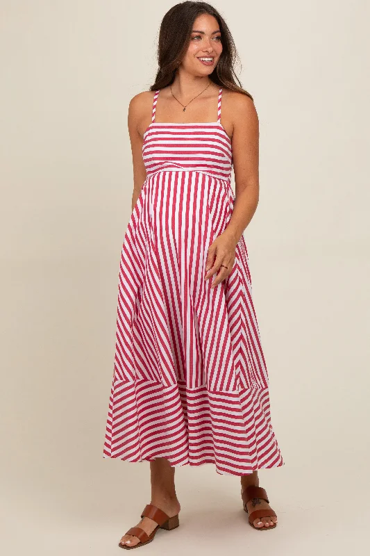 Red Contrast Stripe Maternity Midi Dress Stylish Cold Shoulder Midi Dress