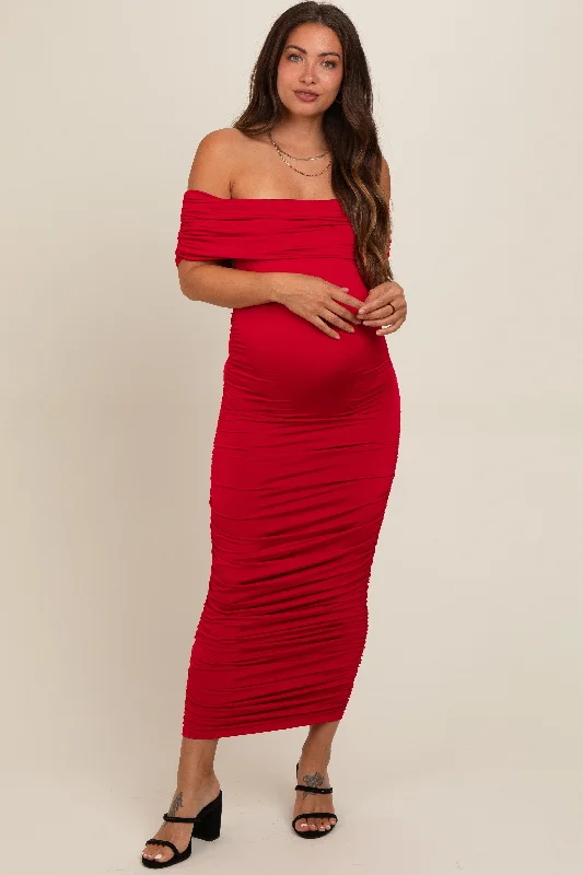 Red Off Shoulder Ruched Maternity Midi Dress Cozy A-Line Midi Dress