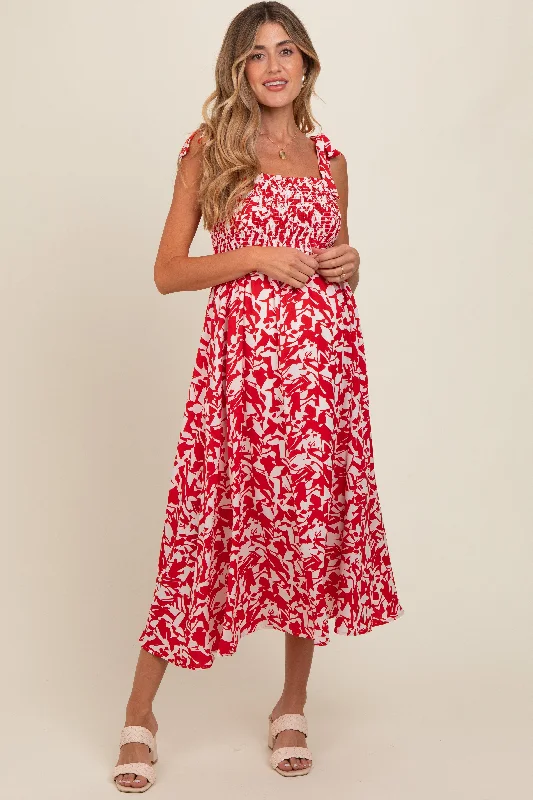 Red Printed Smocked Shoulder Tie Maternity Midi Dress Cozy Midi Dress with Pockets