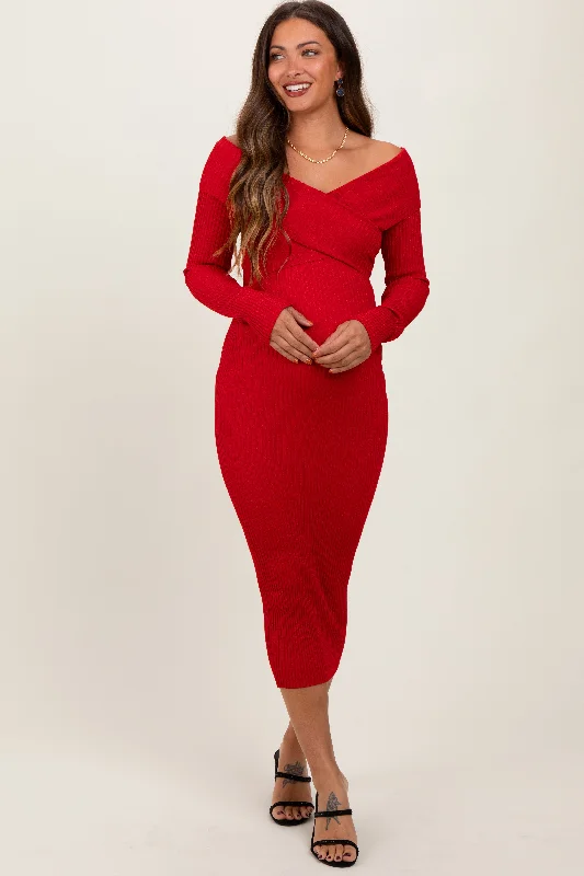 Red Ribbed Crossover Off Shoulder Maternity Midi Dress Trendy Shift Midi Dress