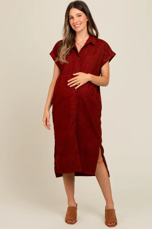 Rust Corduroy Button Down Maternity Midi Dress Cozy Ribbed Knit Midi Dress