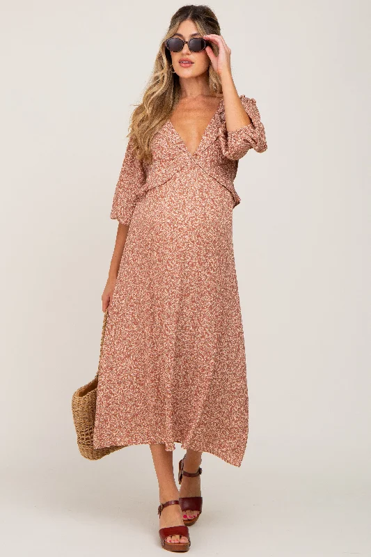 Rust Floral Ruffle V-Neck Maternity Midi Dress Stylish Button-Up Midi Dress