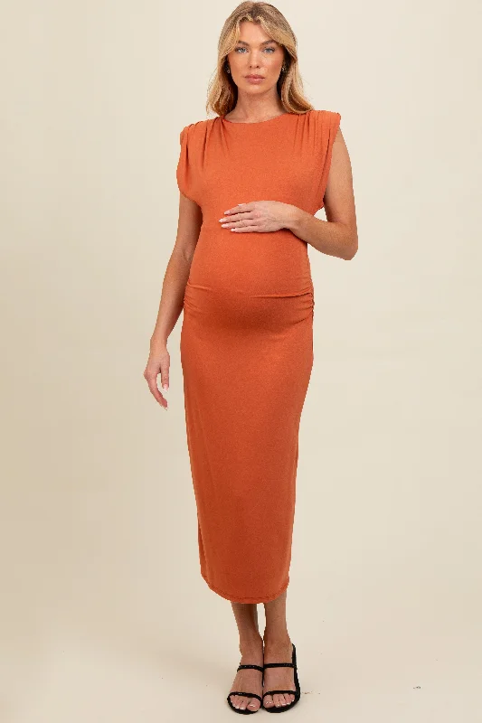 Rust Padded Shoulder Fitted Maternity Midi Dress Fashionable Off-Shoulder Dress Midi