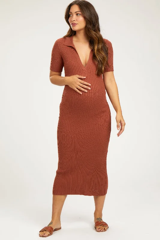 Rust Ribbed Collared V-Neck Maternity Midi Dress Elegant Satin Button Midi Dress