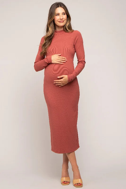 Rust Ribbed Mock Neck Maternity Midi Dress Elegant Sleeveless Midi Dress