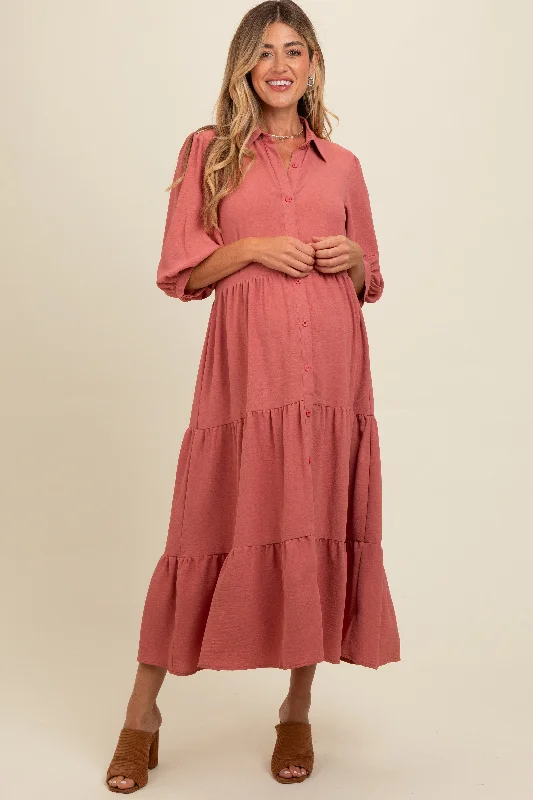 Salmon Tiered Button Down Maternity Midi Dress Comfortable Draped Midi Dress