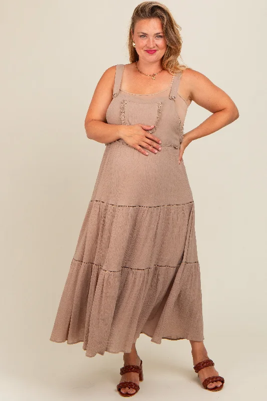 Taupe Front Pocket Tiered Overall Maternity Plus Midi Dress Fashionable Shift Midi Dress