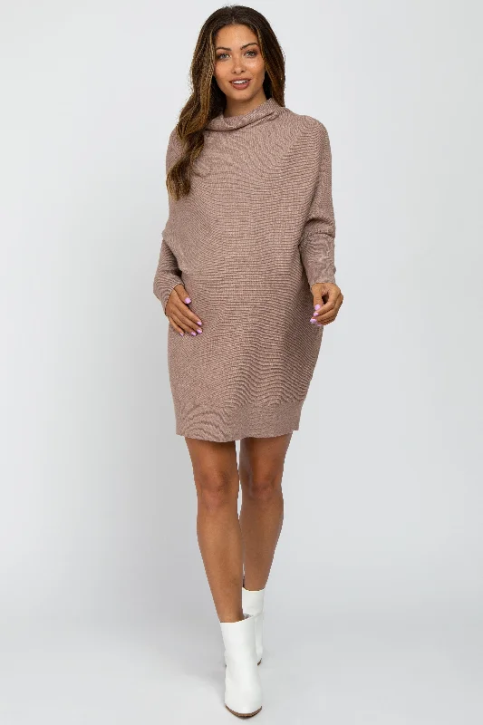 Taupe Funnel Neck Dolman Sleeve Maternity Mini Dress Stylish Button-Down Mini Dress