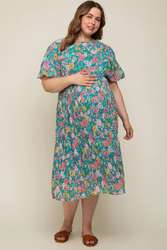 Teal Floral Pleated Maternity Plus Size Midi Dress Stylish Silk Midi Dress