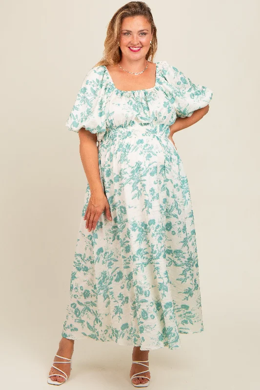 Teal Floral Puff Sleeve Maternity Plus Midi Dress Fashionable High-Neck Midi Dress