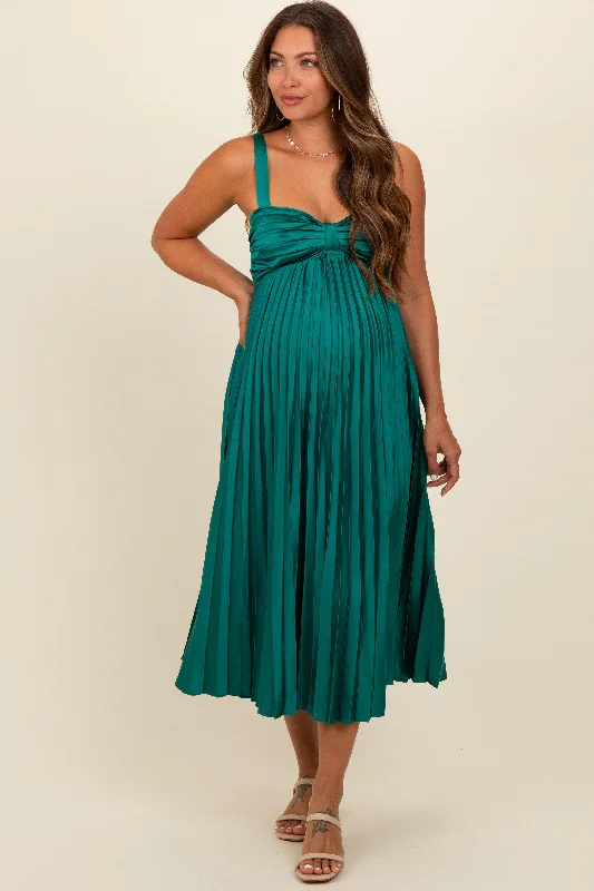 Teal Satin Pleated Sweetheart Maternity Midi Dress Stylish Animal Print Midi Dress