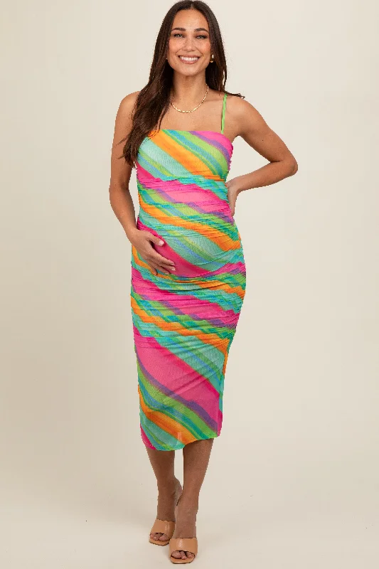 Turquoise Multi Color Mesh Maternity Midi Dress Trendy Midi Dress with Belt