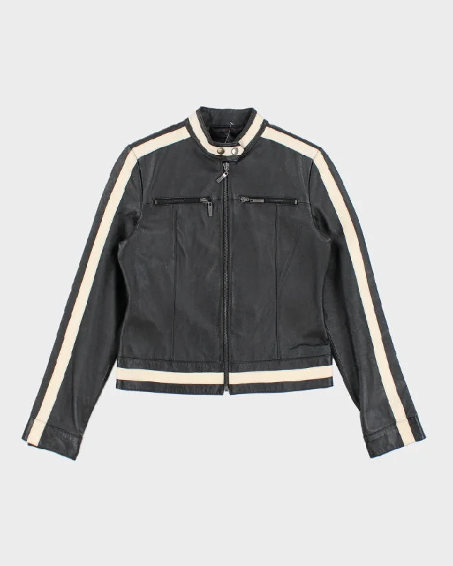 Vintage Y2K Striped Racing Style Leather Jacket - S Stand-Up Collar Roll-Neck Collar Turtle Neck