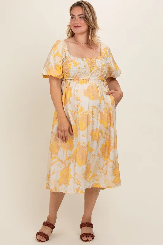 Yellow Floral Square Neck Smocked Short Puff Sleeve Maternity Plus Midi Dress Fashionable Off-Shoulder Dress Midi